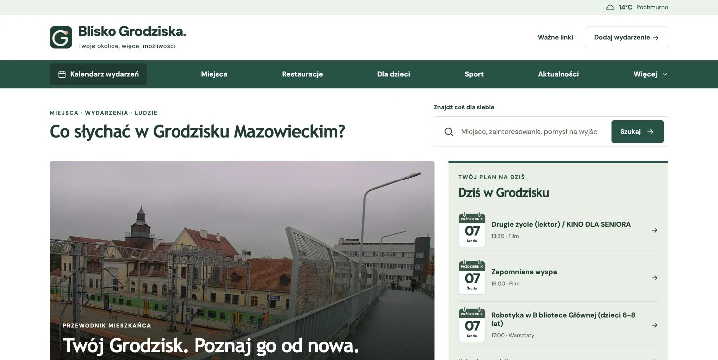Rzeczywisty widok strony głównej Blisko Grodziska