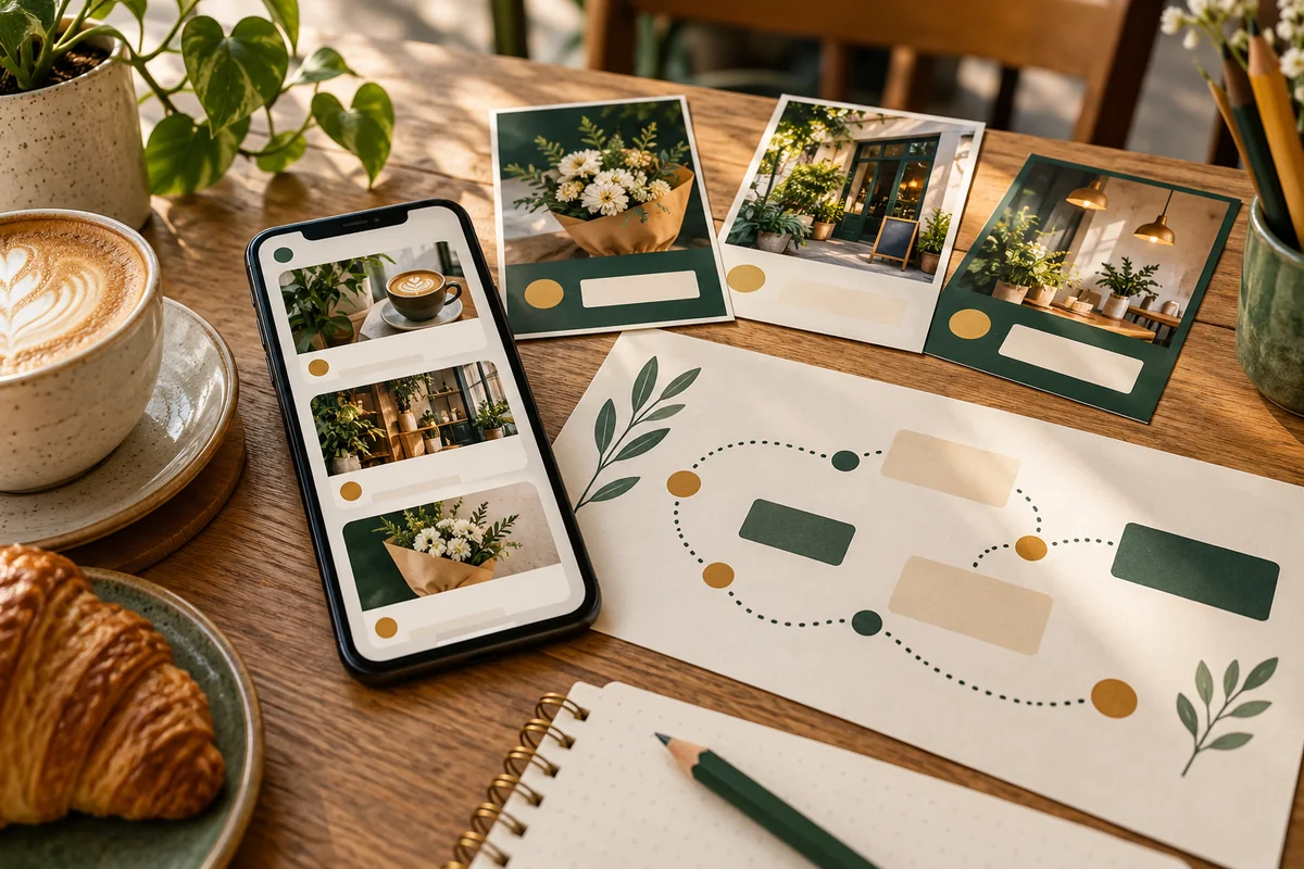 Ilustracja: materiały lokalnej kampanii, telefon i papierowy plan działań marketingowych