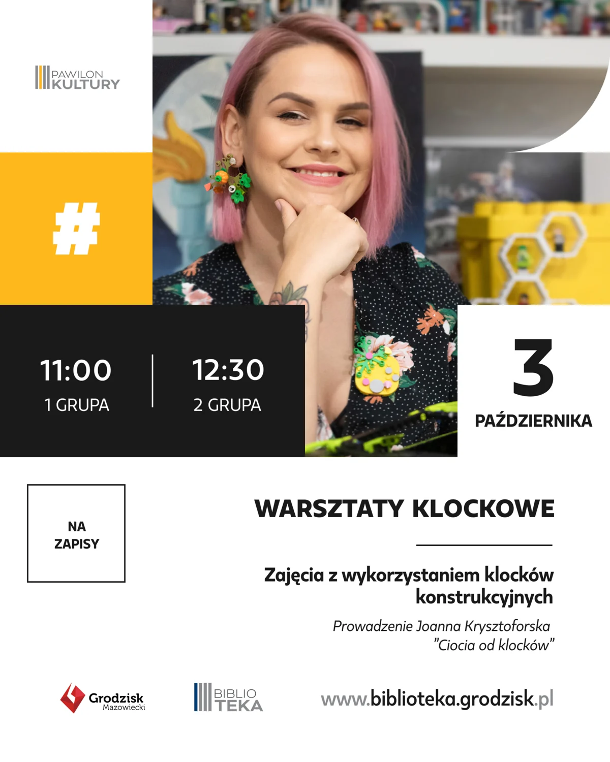 Plakat: Warsztaty klockowe w Pawilonie Kultury